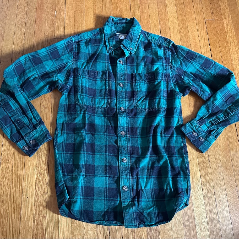 Duluth Trading Co Green & Black Trim Fit Cotton Flannel Button Up, Size S